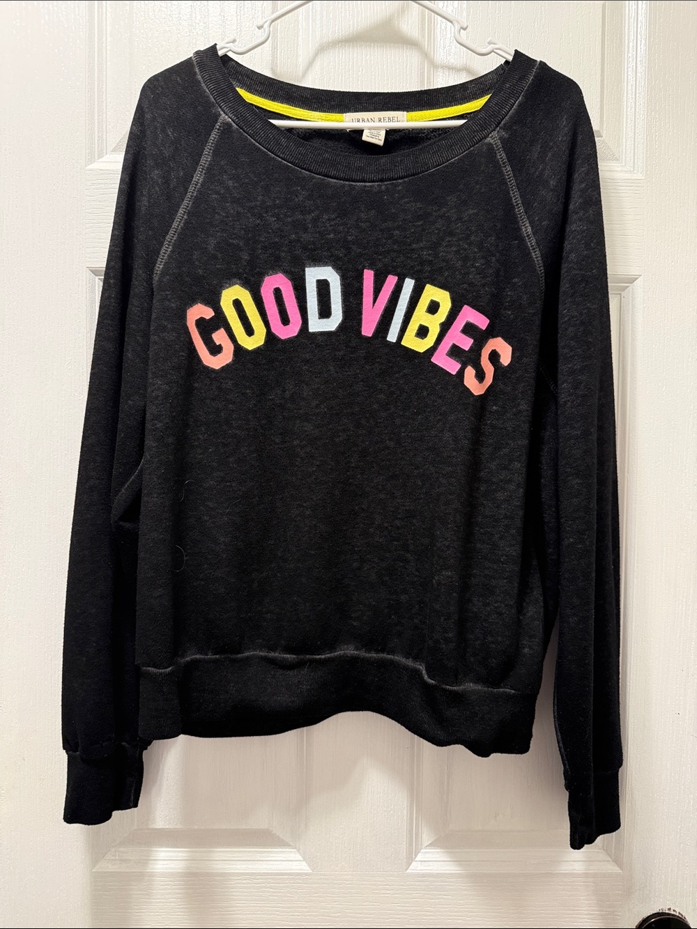 Urban Renewal Black Crewneck Sweatshirt with Multicolor GOOD VIBES